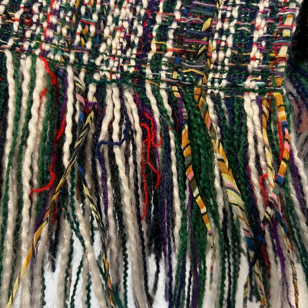 Maeve green/multicolored woven pencil skirt with back zip and fringe detail
